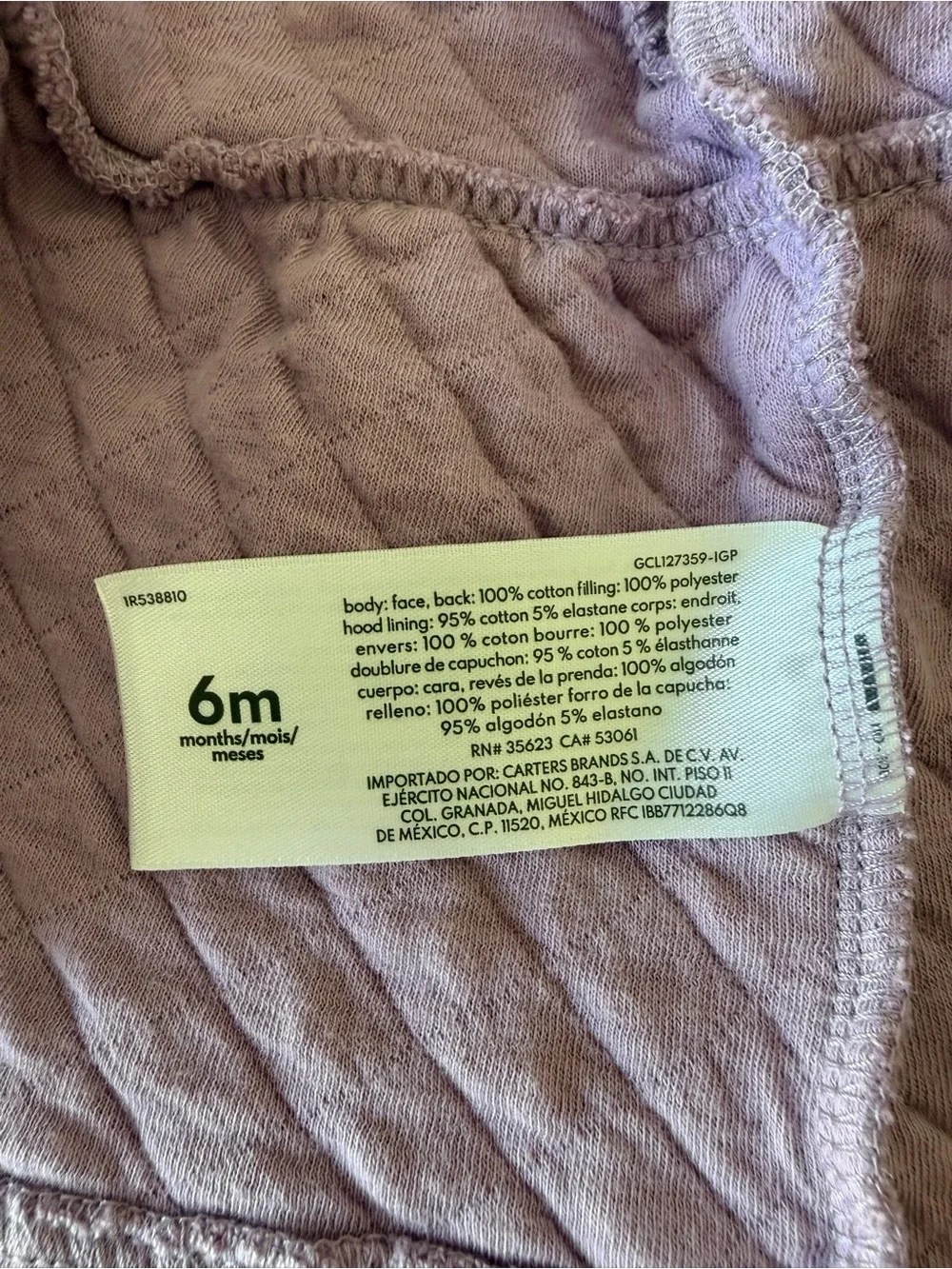 Carter’s 6 MONTHS Quilted Hooded Coat - Light Purple